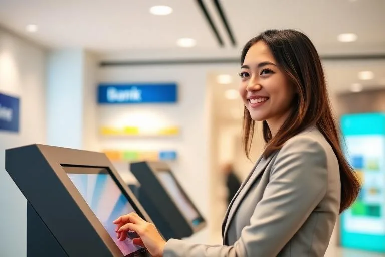 Cliente usando kiosco de autoservicio en sucursal bancaria