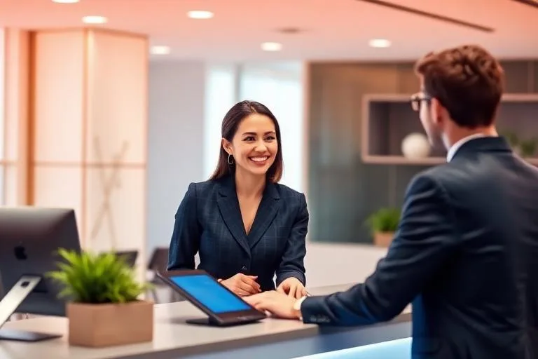 Agente atendiendo cliente en punto de servicio moderno