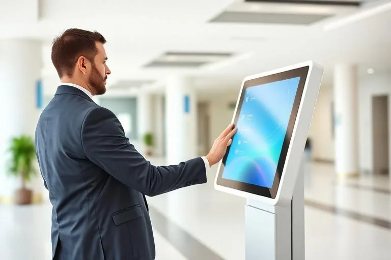Persona interactuando con kiosco digital en hospital