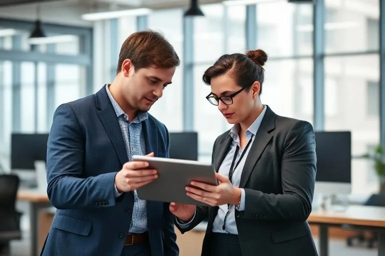 Colaboradores trabajando con tecnología en oficina