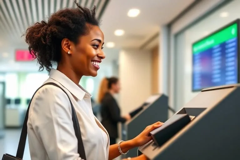 Mujer registrándose en terminal de autoservicio