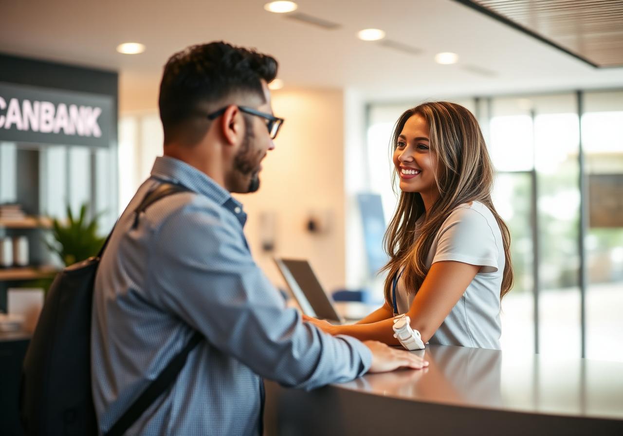 Sucursal bancaria moderna en Costa Rica con pantallas digitales de turnos