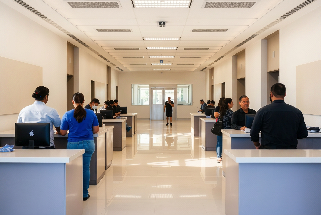 Oficina gubernamental moderna en El Salvador atendiendo ciudadanos