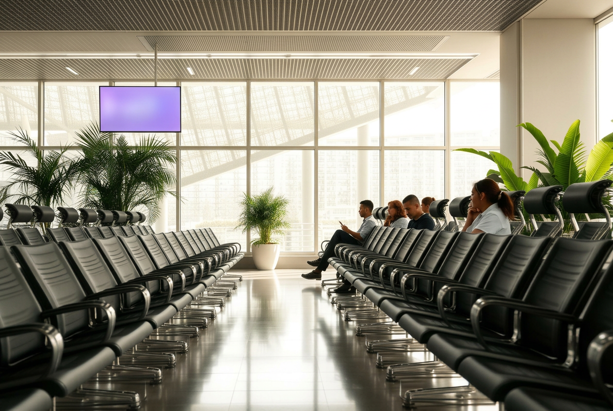 Sala de espera ordenada con pantalla digital de llamado de turnos
