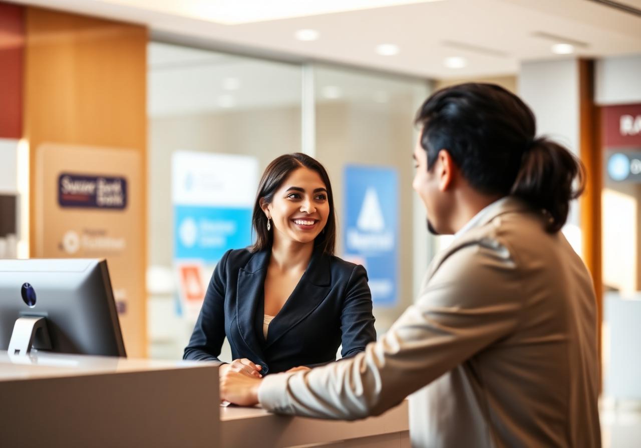 Sucursal bancaria moderna en Ciudad de Guatemala con pantallas digitales de turnos