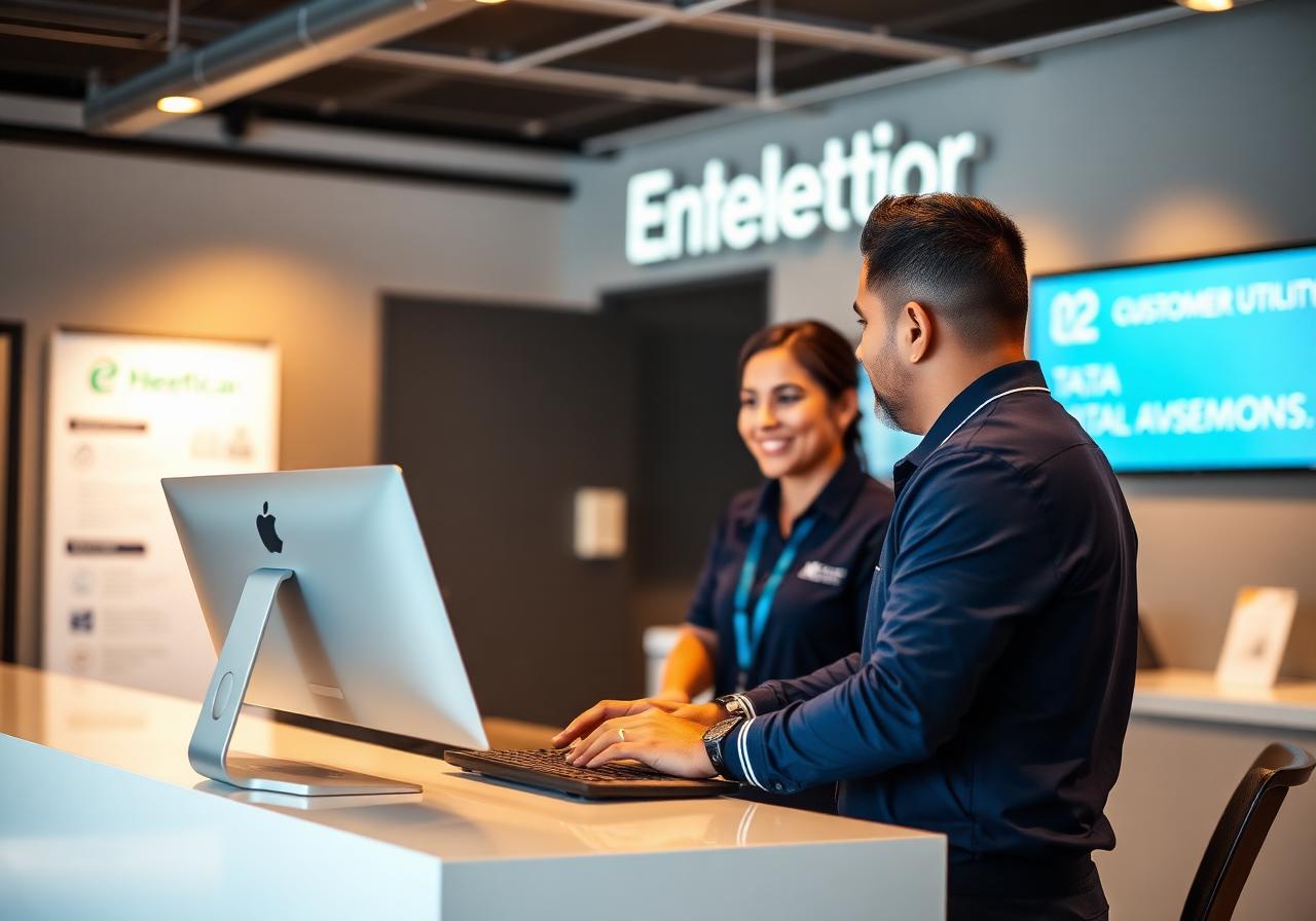 Centro de atención al cliente de empresa de energía en Guatemala con módulos y pantalla de turnos