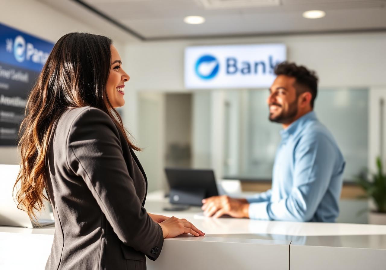 Sucursal bancaria moderna en Panamá con pantallas digitales de turnos