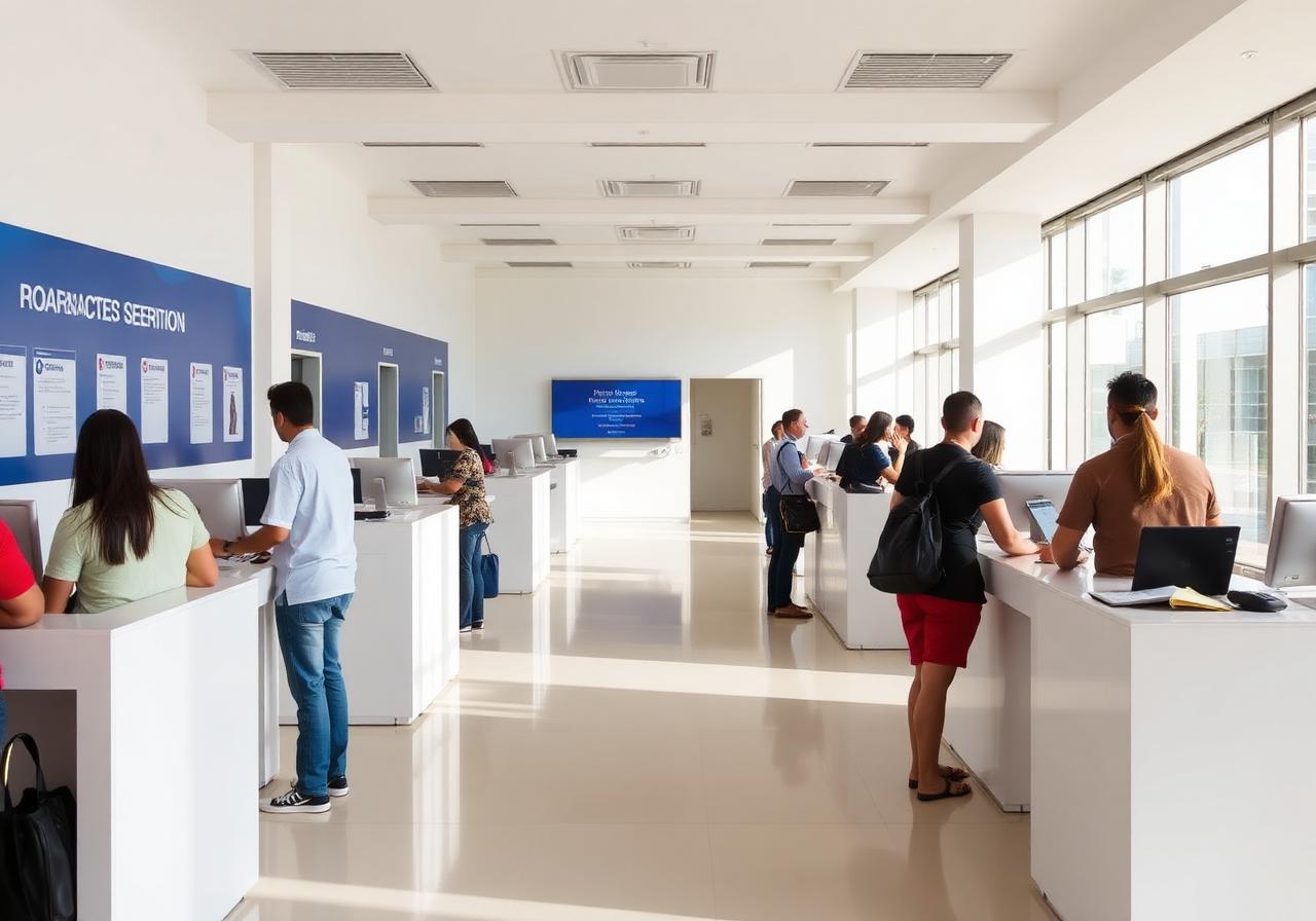 Oficina de atención ciudadana en Panamá con ventanillas y pantalla de turno