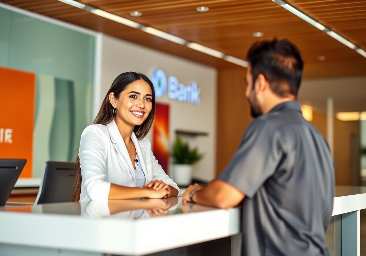 Sucursal bancaria moderna en San Juan, Puerto Rico, con pantallas digitales de turnos