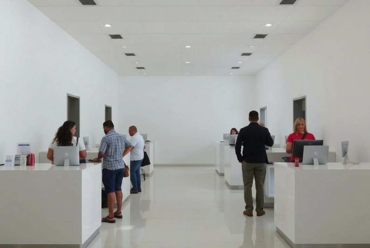 Oficina de atención ciudadana en Puerto Rico con pantalla de turnos