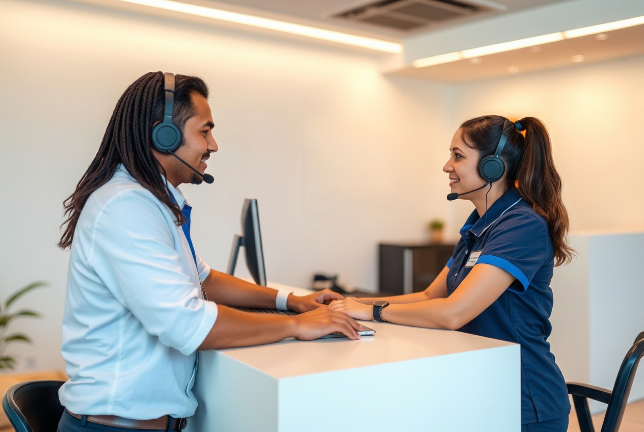 Centro de atención al cliente moderno en Puerto Rico con módulos de servicio