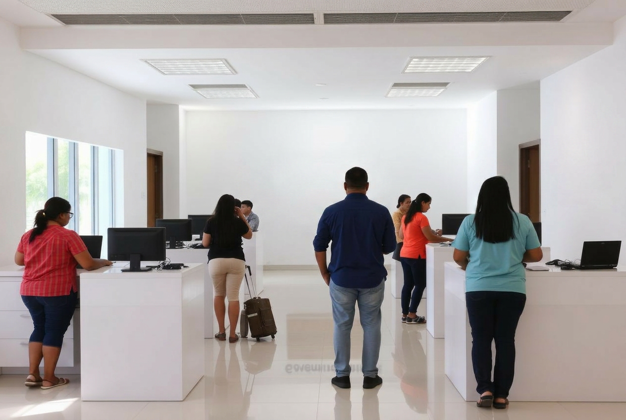 Oficina de atención ciudadana en República Dominicana con ventanillas y pantalla de turno
