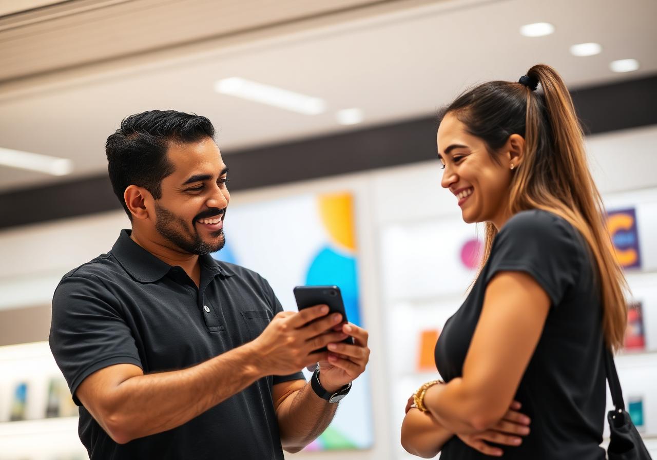 Centro de atención de telecomunicaciones moderno en República Dominicana con pantallas digitales de turnos
