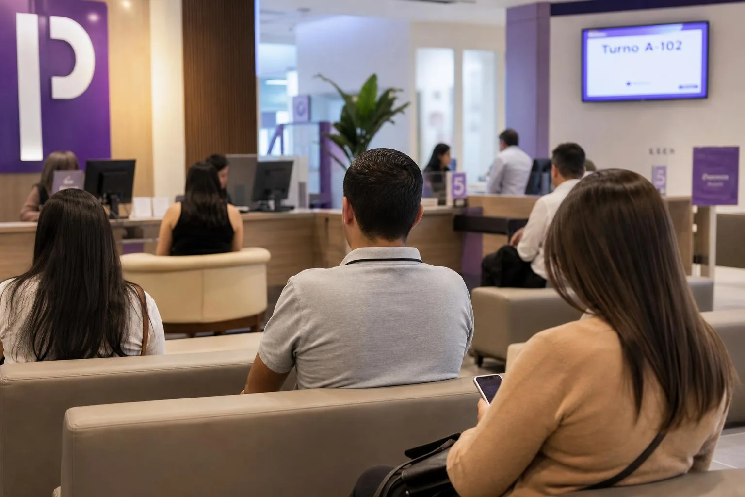 Sucursal moderna con sistema de gestión de filas y turnos digitales
