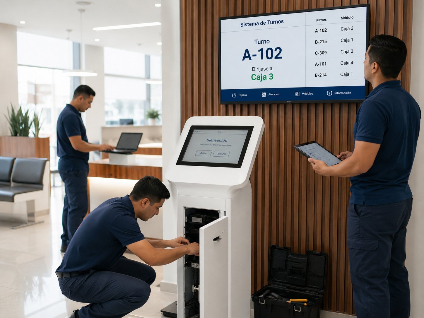 Instalación de INTELITURNOS — técnicos instalando kiosco digital y pantalla de turnos en negocio
